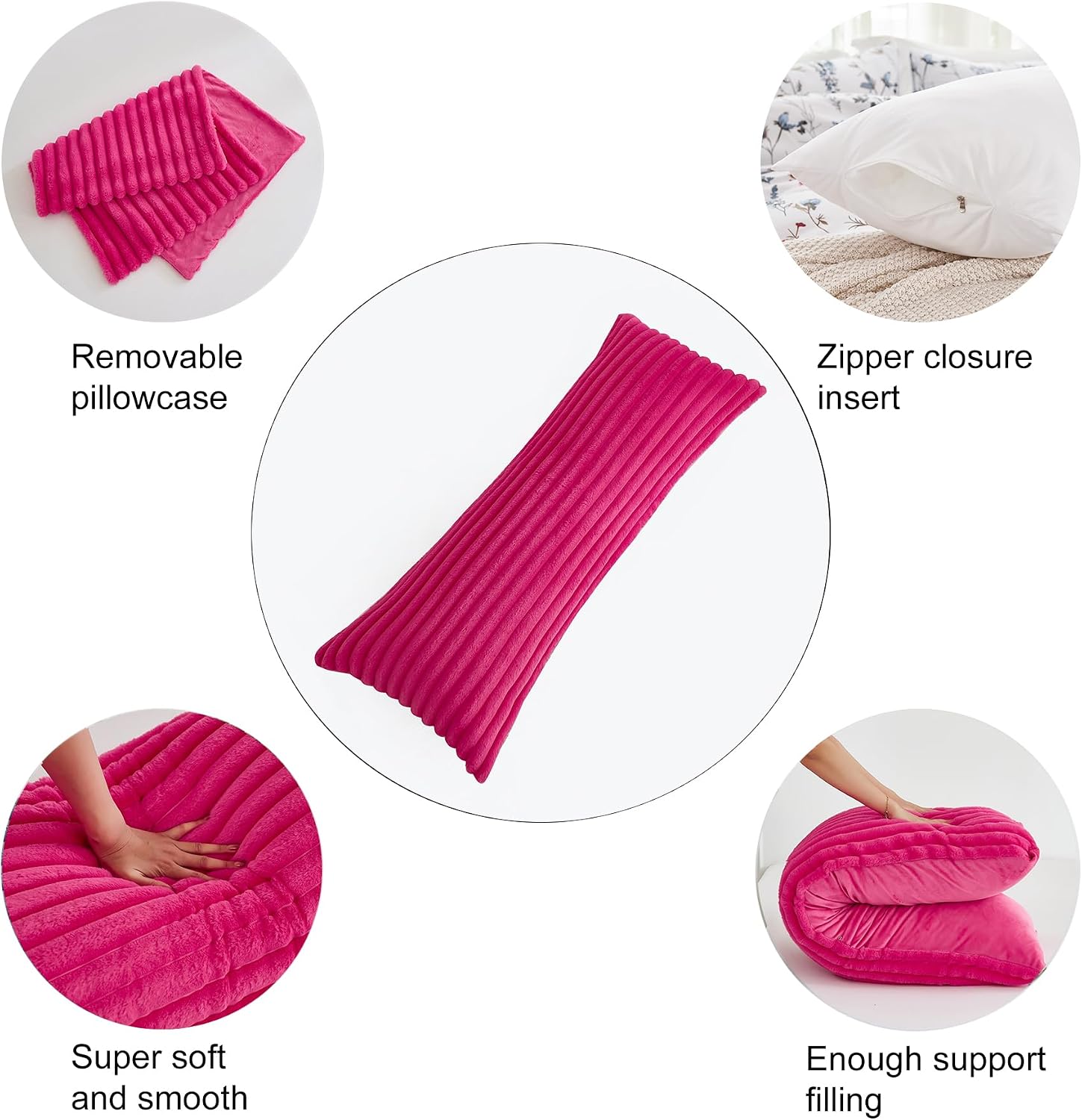 Memfydu Full Body Pillow with Fluffy Stripe Faux Fur Removable Cover, Long Bed Pillow Adult 20x54 Inches for Side Sleeper and Pregnancy, Ho…