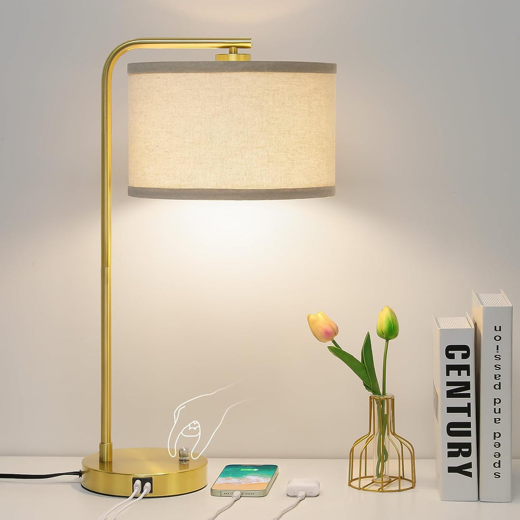 Fully Dimmable Bedside Lamp with C+A USB Ports, Mordern Gold Nightstand Lamp Desk Reading Lamp with Beige Drum Shade, Tall Side Table…
