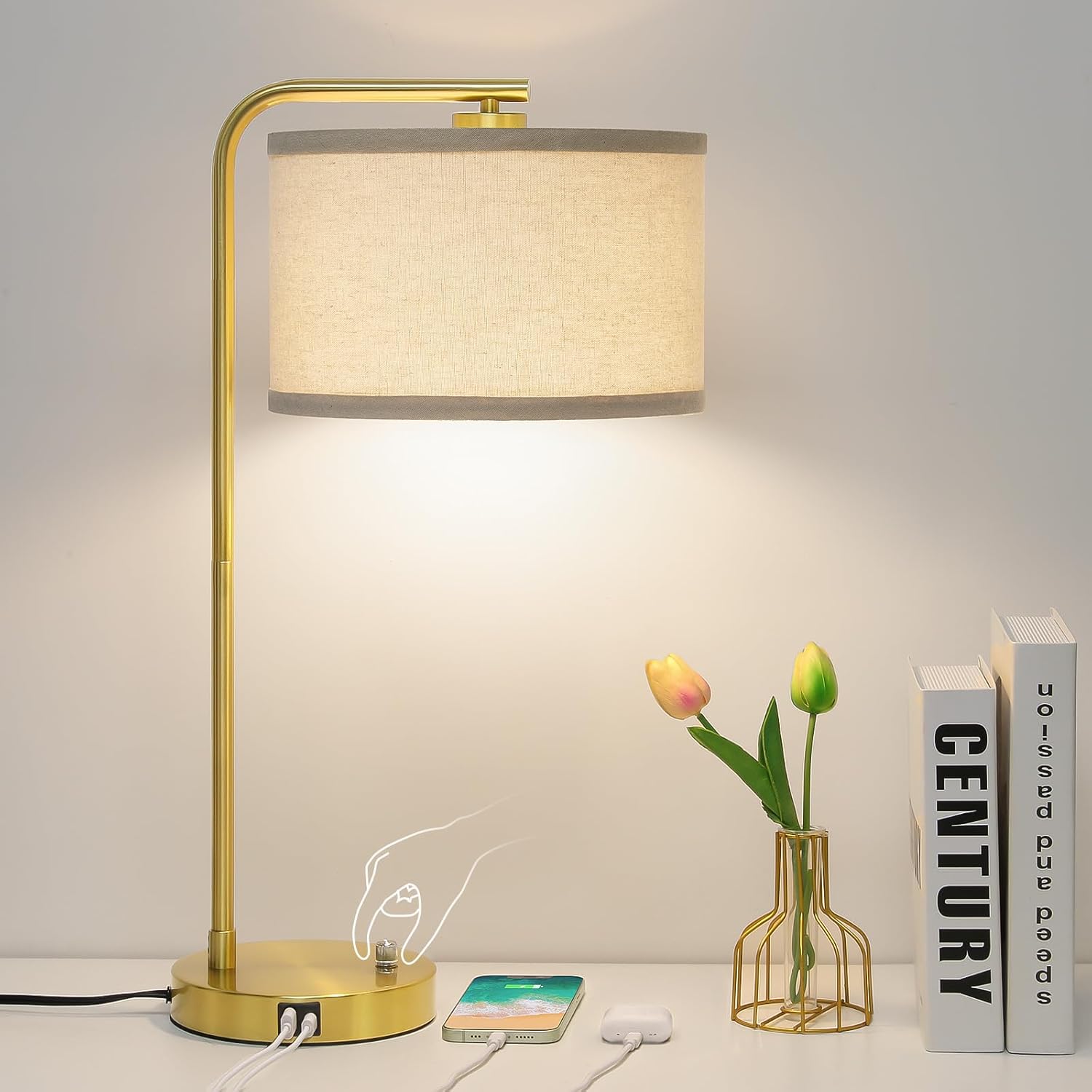 Fully Dimmable Bedside Lamp with C+A USB Ports, Mordern Gold Nightstand Lamp Desk Reading Lamp with Beige Drum Shade, Tall Side Table…