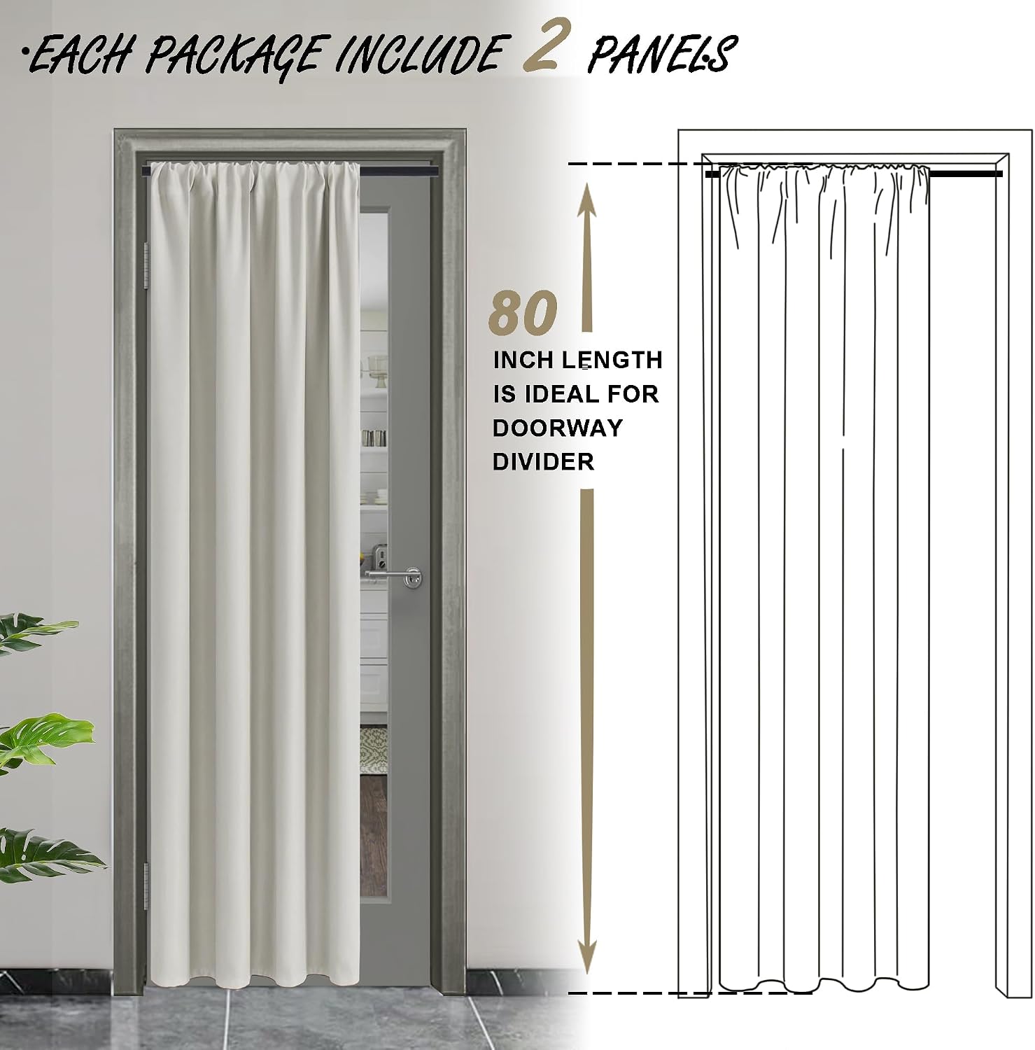 Jiuzhen Blackout Doorway Curtains 80 inch Length - 2 Panels Thermal Insulated Privacy Soundproof Rod Pocket Closet Door Curtains Room Divid…