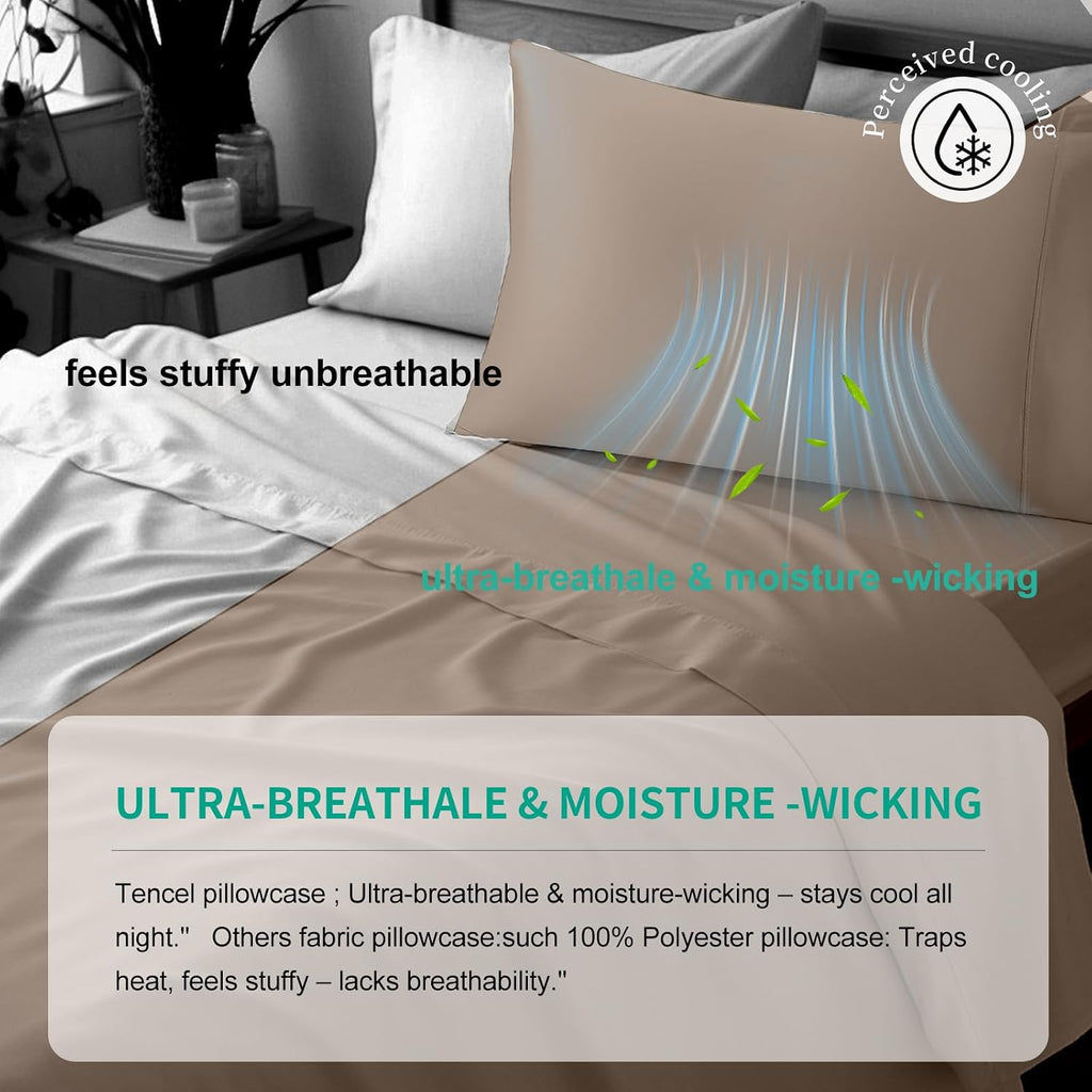 Stnomyhome Eucalyptus Tencel Cooling Pillowcase 2 Pack King Soft Brown | Moisture Wicking for Night Sweats | 3X Faster Drying | Oeko-TEX Ce…