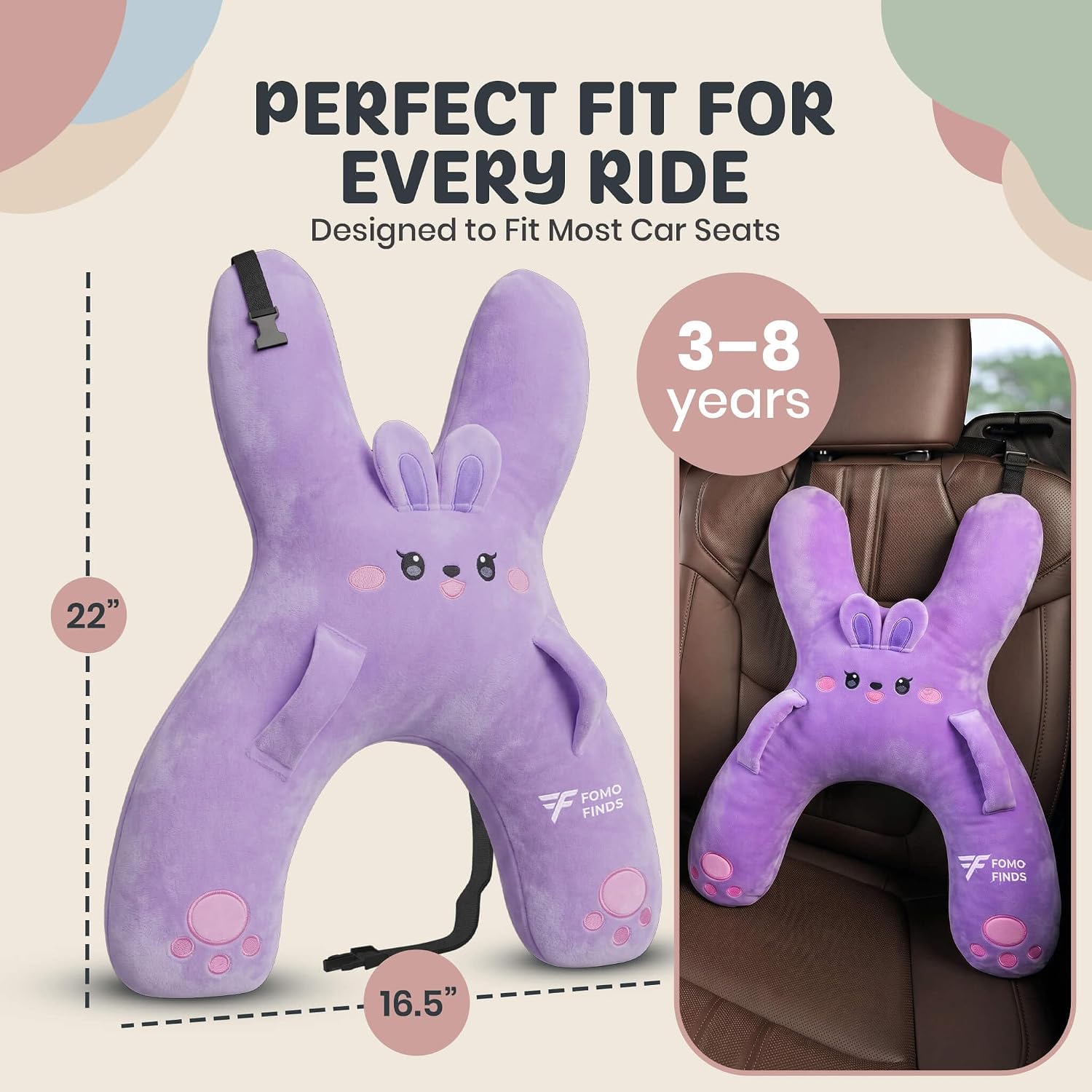 Kids Car Sleeping Pillow - X-Shaped Plush Animal for Neck & Back Support - Hands & Seat Belt Slot - Machine Washable & Compressible…