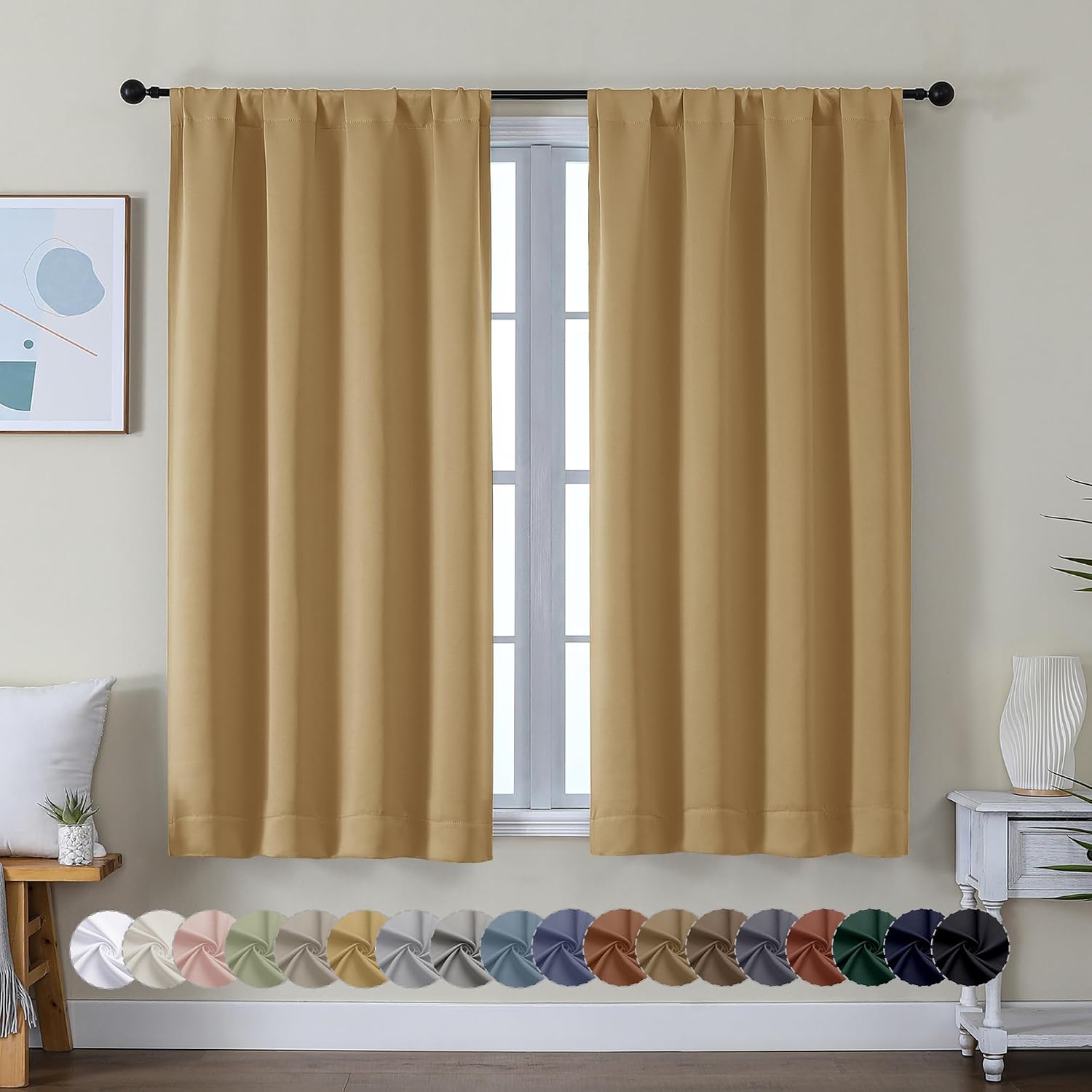 Simplebrand Ava Gold Short Blackout Curtains for Bedroom 54 Inches Long 2 Panels Set, Solid Thermal Insulated, Energy Saving Window Treatme…