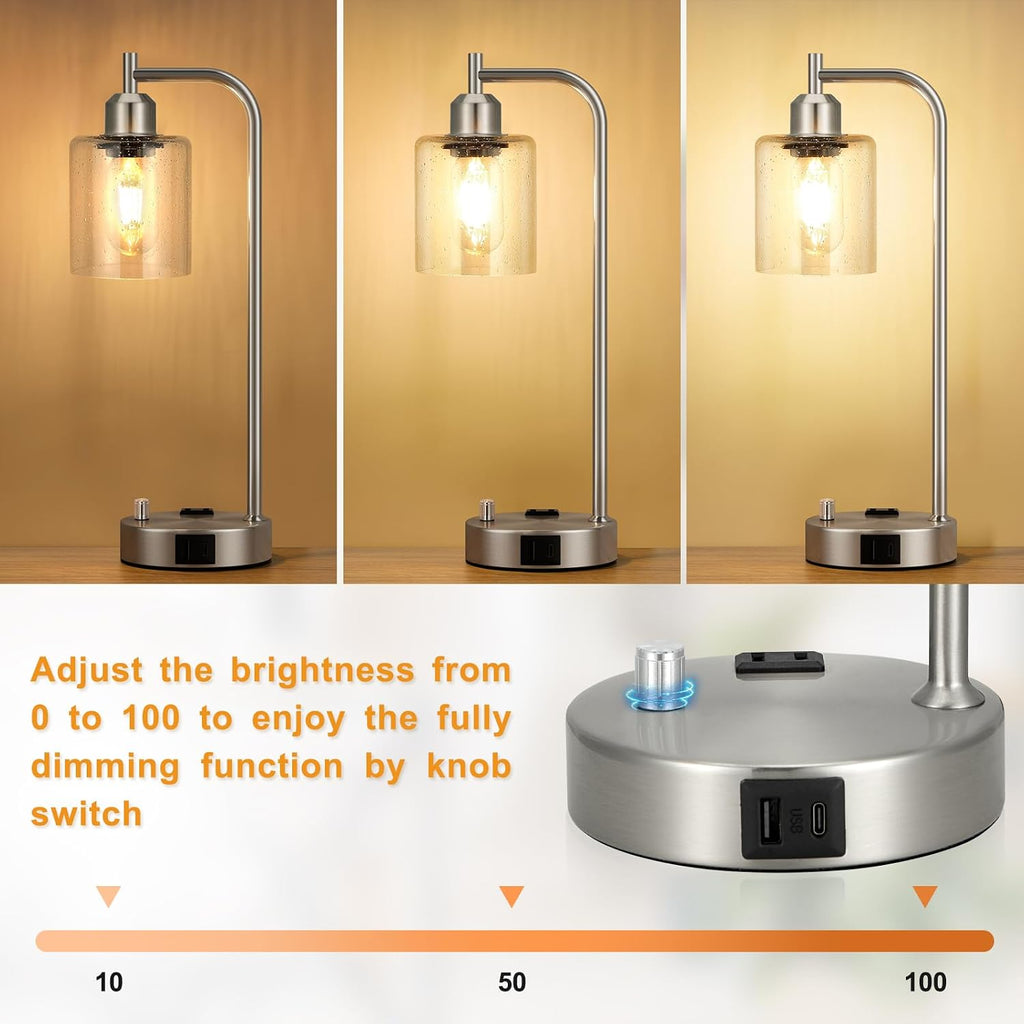 Industrial Table Lamps for Bedrooms Set of 2 - Fully Dimmable Bedside Lamps with USB A and C Ports and Outlet, Nickel Nightstand Lamps…