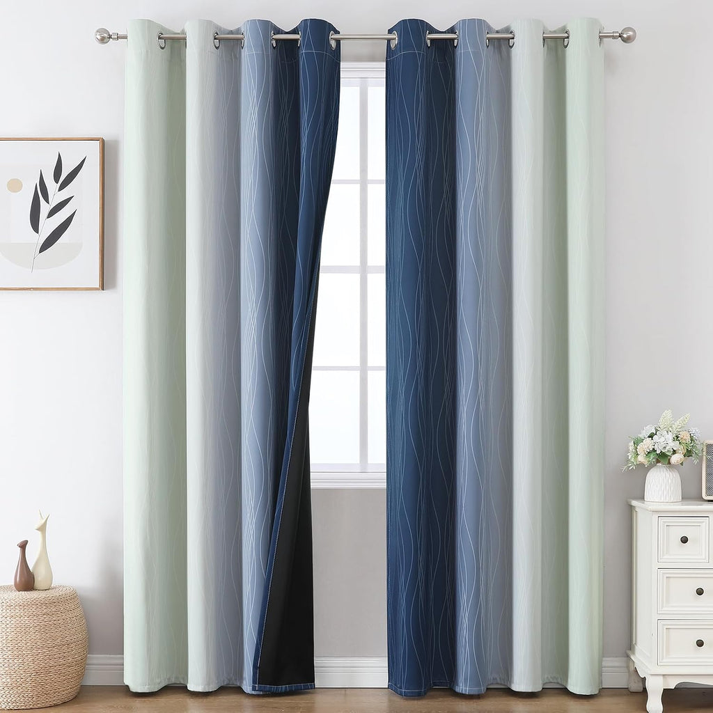 Estelartextiler Estelar Textiler Navy Blue and Sage Green Ombre Blackout Curtains 90 Inches Long 2 Panels for Living Room, Thermal Insulate…