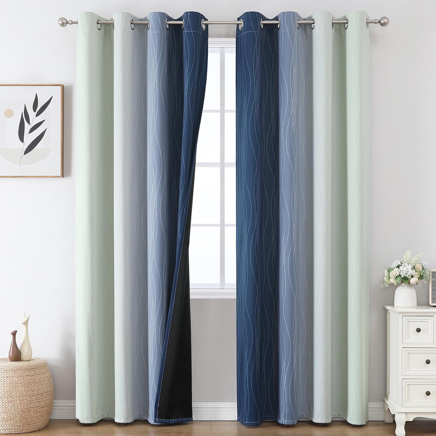 Estelartextiler Estelar Textiler Navy Blue and Sage Green Ombre Blackout Curtains 90 Inches Long 2 Panels for Living Room, Thermal Insulate…