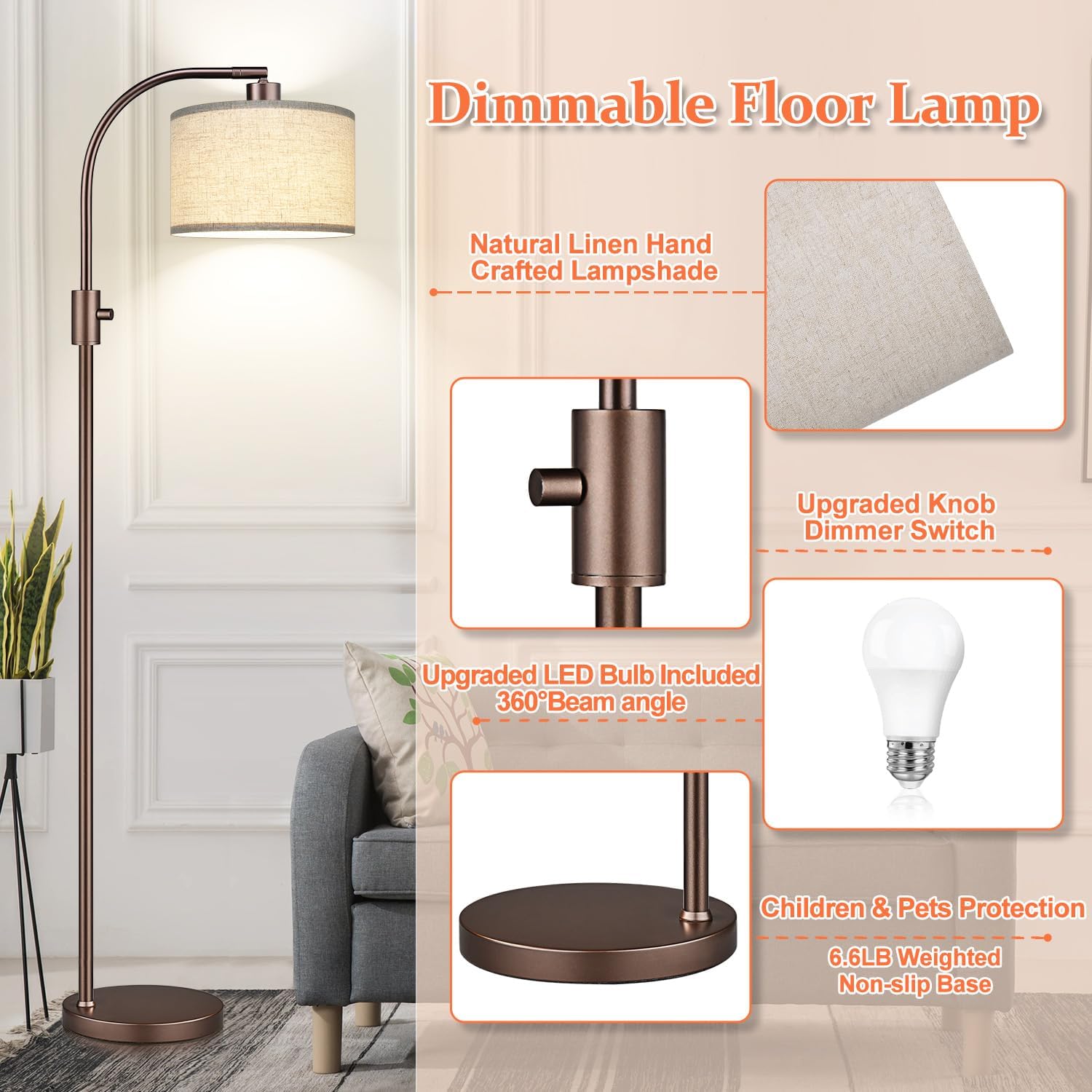 Nintiue Upgraded Modern Arc Dimmable Tall Standing Floor Lamp with Linen Shade, 1200 Lumens LED Bulb Included, for Living & Reading Room…