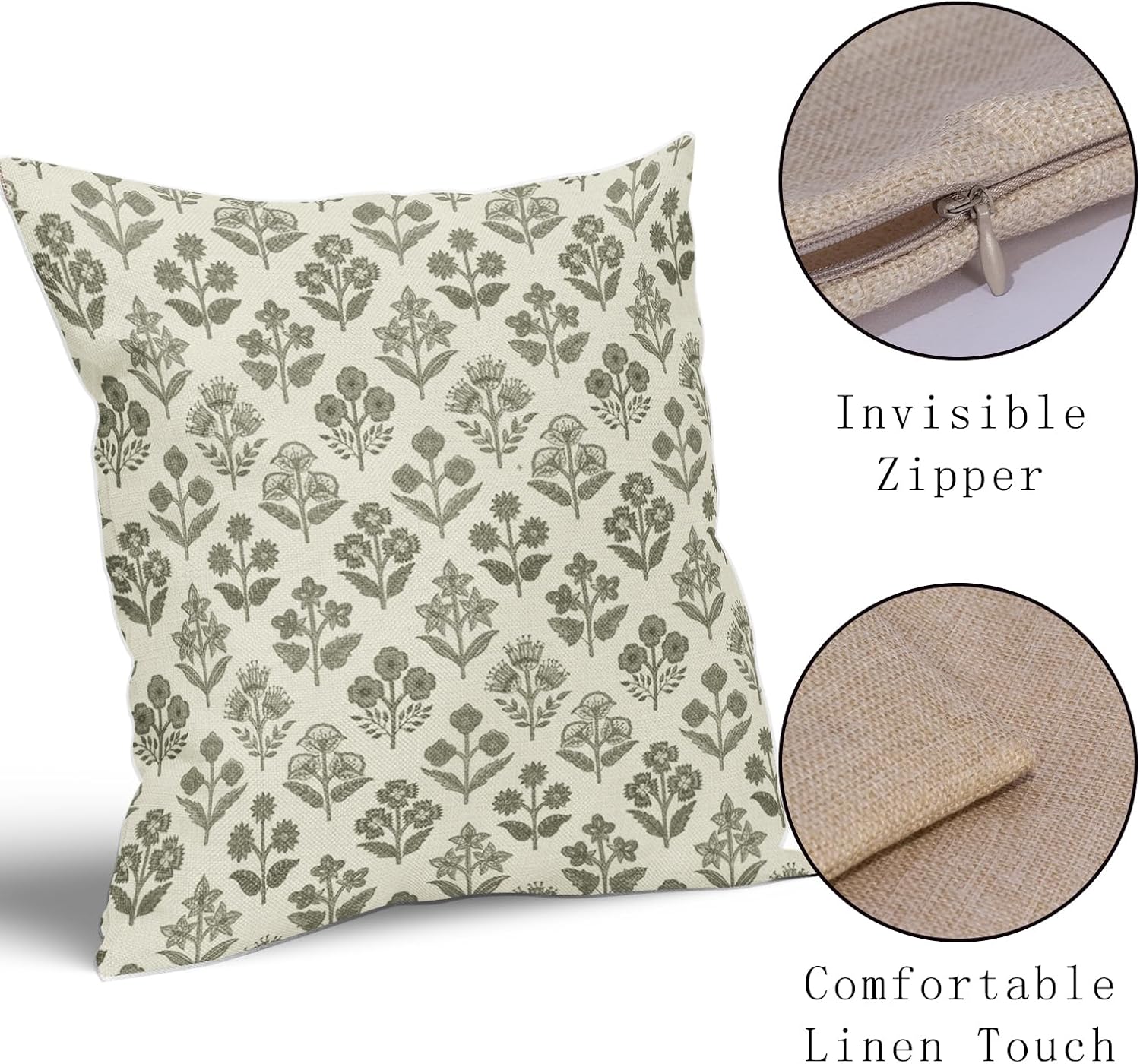 Olive Green Floral Pillow Covers 24x24 Inch Set of 2, Vintage Flower Block Print Pattern Decorative Throw Pillowcases Outdoor Farmhouse…