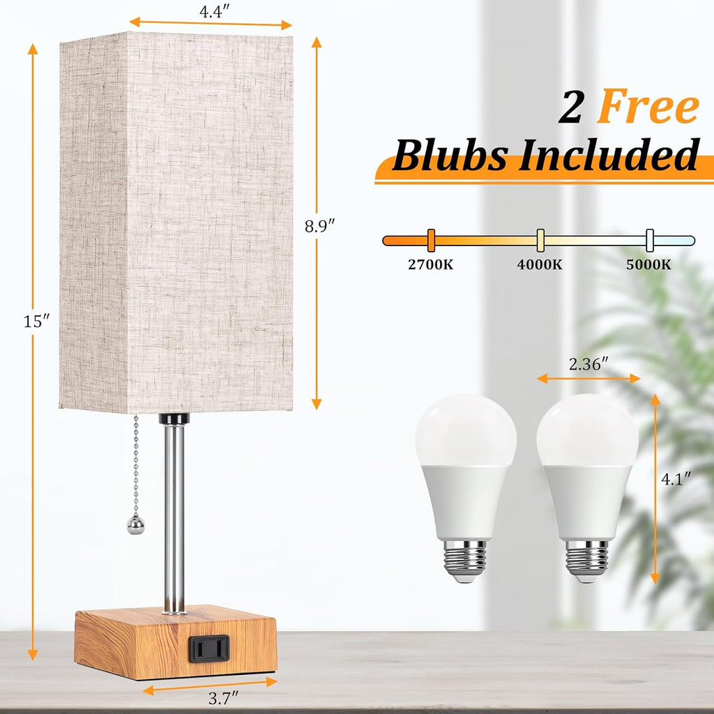 Table Lamp for Bedroom set of 2,3-Color Bedside Lamps with Pull Chain Table Lamps for Nightstand with AC Outlets, Small Night Light Lamps…
