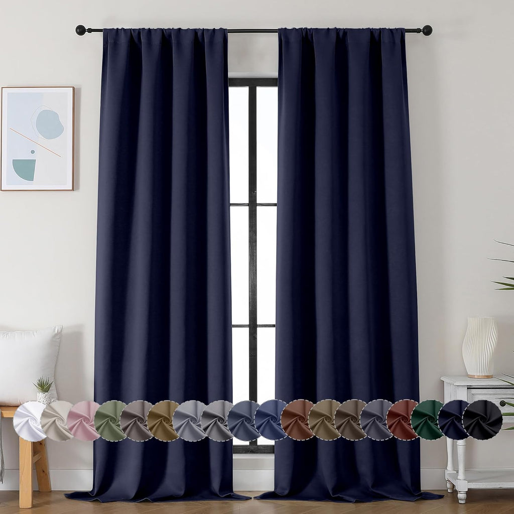 Simplebrand Ava Navy Blue Blackout Curtains for Bedroom 96 Inches Long 2 Panels, Solid Thermal Insulated, Energy Saving Living Room Window…