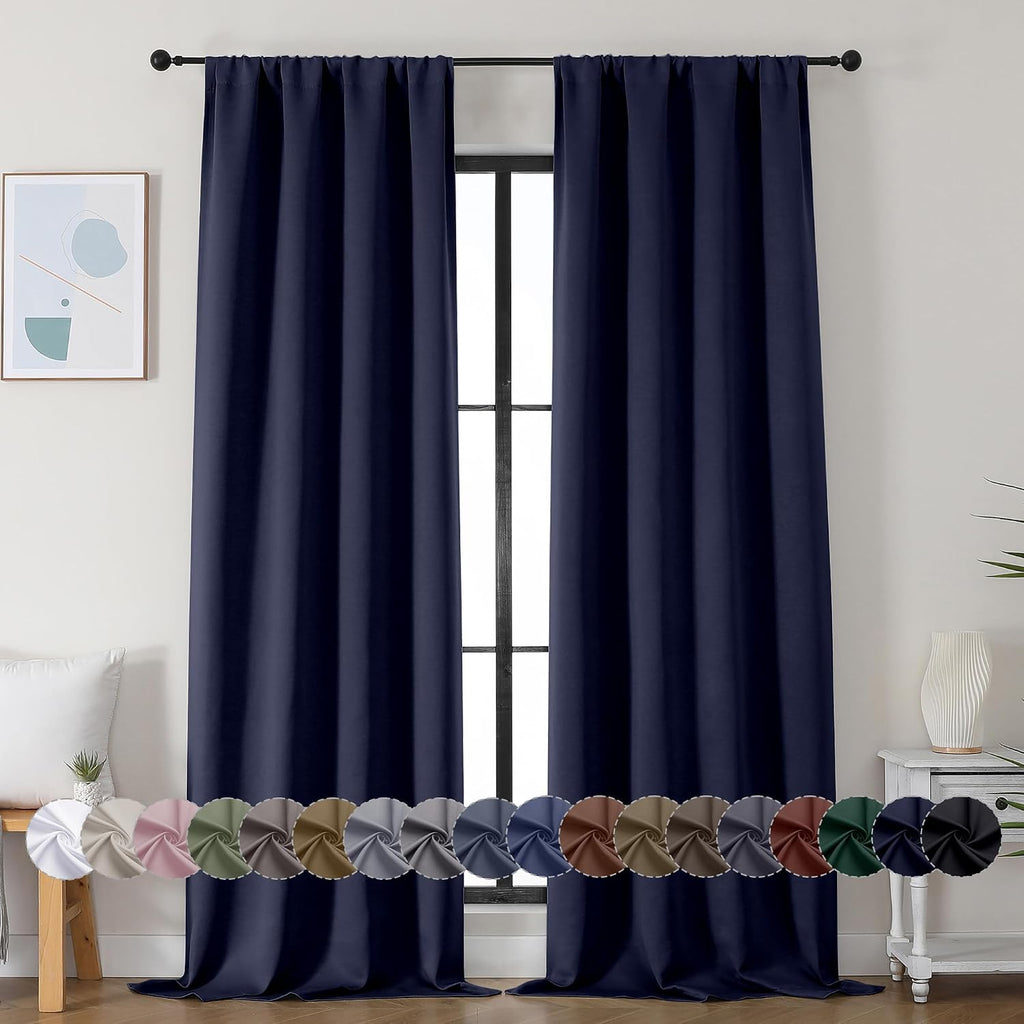 Simplebrand Ava Navy Blue Blackout Curtains for Bedroom 90 Inches Long 2 Panels Set, Solid Privacy Energy Saving Living Room Window Treatme…