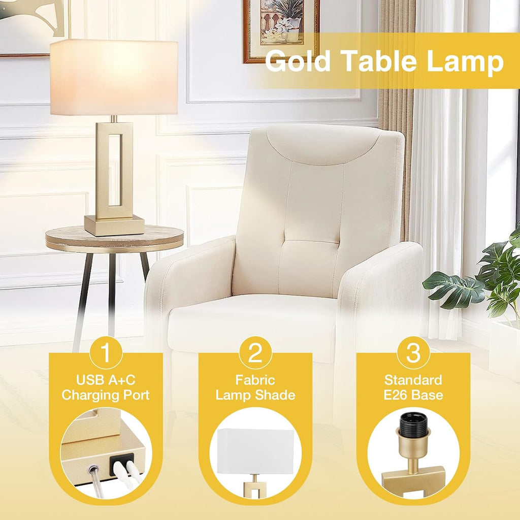 Seealle Bedroom Table Lamps Set of 2 - Touch Bedside Lamps with USB C+A, 3 Way Dimmable Gold Lamp for Nightstand, Modern Night Stands…