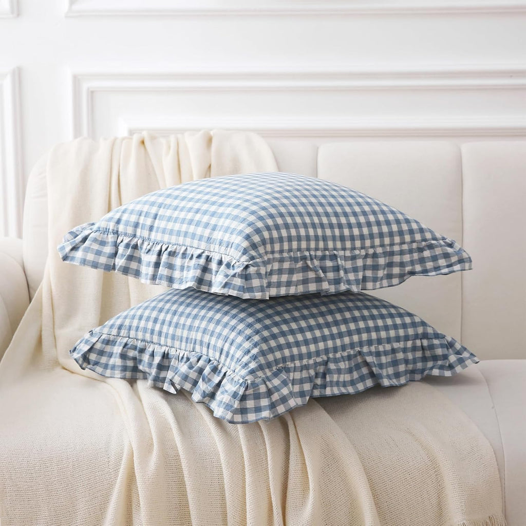 Kmasaniji 2 Pack Dust Blue White Plaid Gingham Ruffle Throw Pillow Covers, 100% Washed Cotton Decorative Buffalo Checkered Farmhouse Pillow…