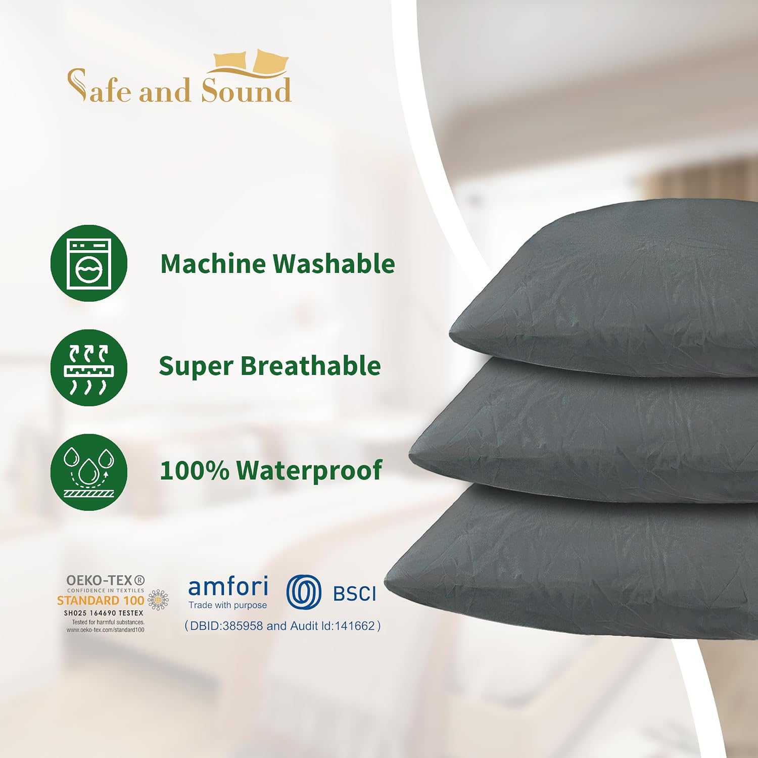 SafeandSound Safe and Sound Zipper Waterproof Pillow Protector, Viscose Standard Size Breathable Soft Pillow Cover Case, Zippered Hotel Qua…
