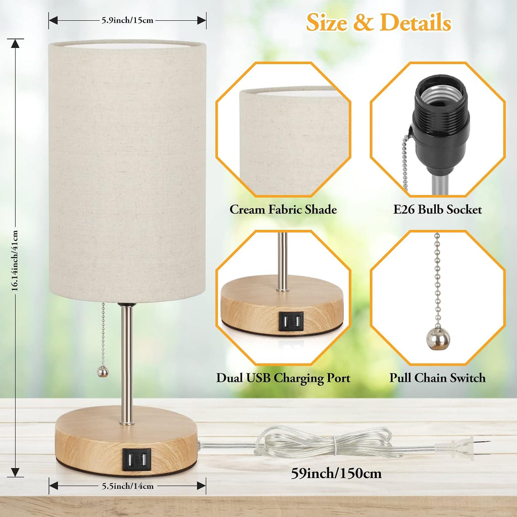 Lakumu Set of 2 Table Lamps with 2 USB Ports, Modern Bedside, Desk Lamps with Pull Chain, Nightstand Lamps with Cream Fabric Shade and…