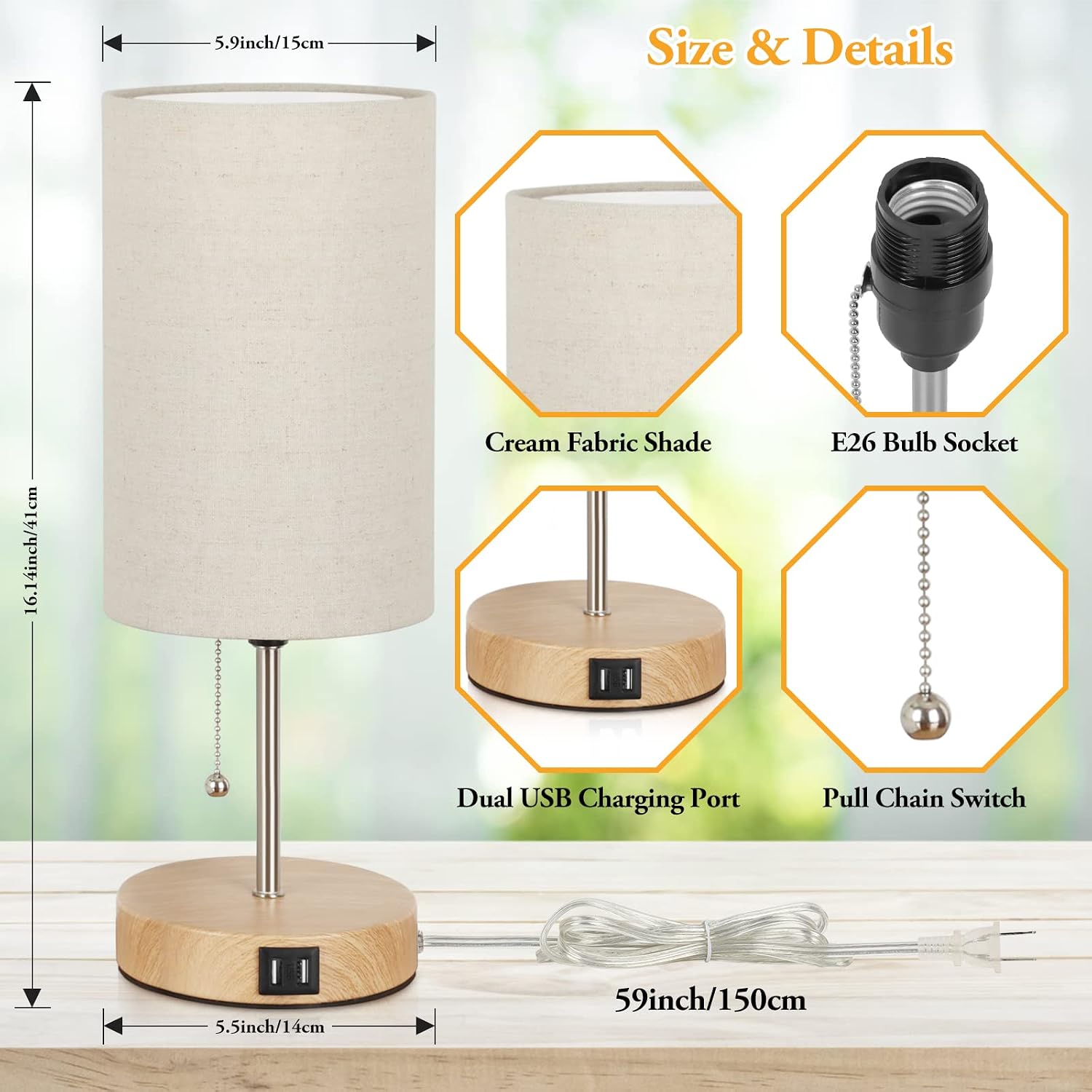 Lakumu Set of 2 Table Lamps with 2 USB Ports, Modern Bedside, Desk Lamps with Pull Chain, Nightstand Lamps with Cream Fabric Shade and…