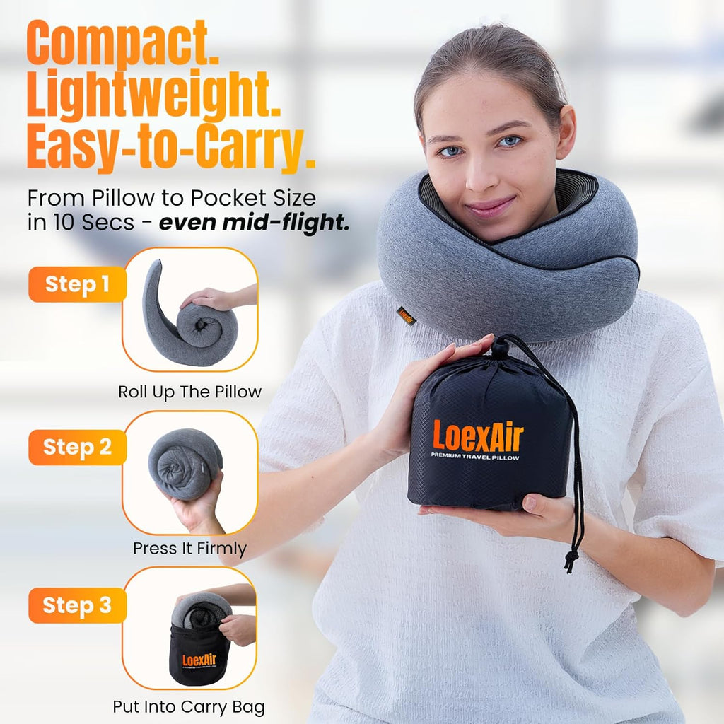 LOEXAIRTM Travel Pillow, Neck Pillow Travel for Airplane, Car - 100% Cotton Fabric & Memory Foam Plane Pillow, Lightweight & Easy-to-Carry…