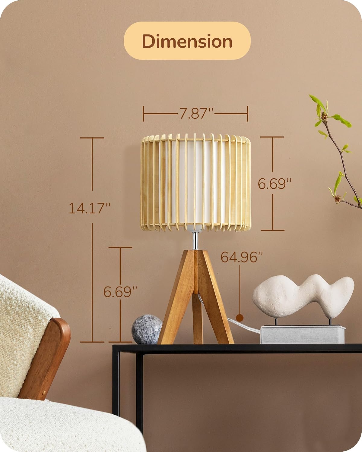 Edishine 14.17" Small Table Lamp, Wood Tripod Bedside Lamp, Natural Wood-Colored Hollow & White PVC Shade, E26 Base, Boho Nightstand Lamp f…
