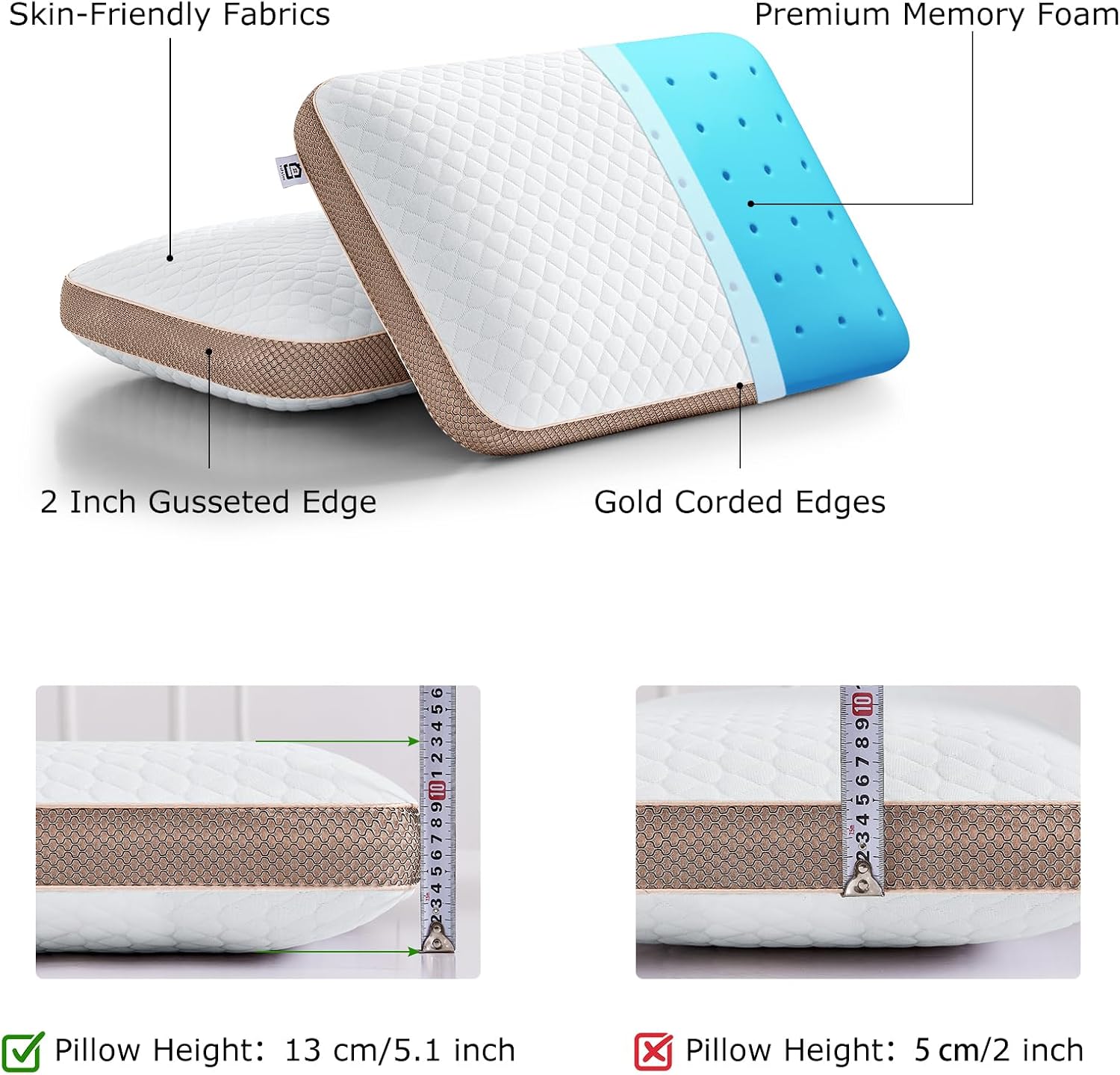 Sofslee Memory Foam Pillows Standard Size, Medium Firm Pillow for Sleeping, Orthopedic Bed Pillow for Side, Back Sleepers, Ventilated Gel F…