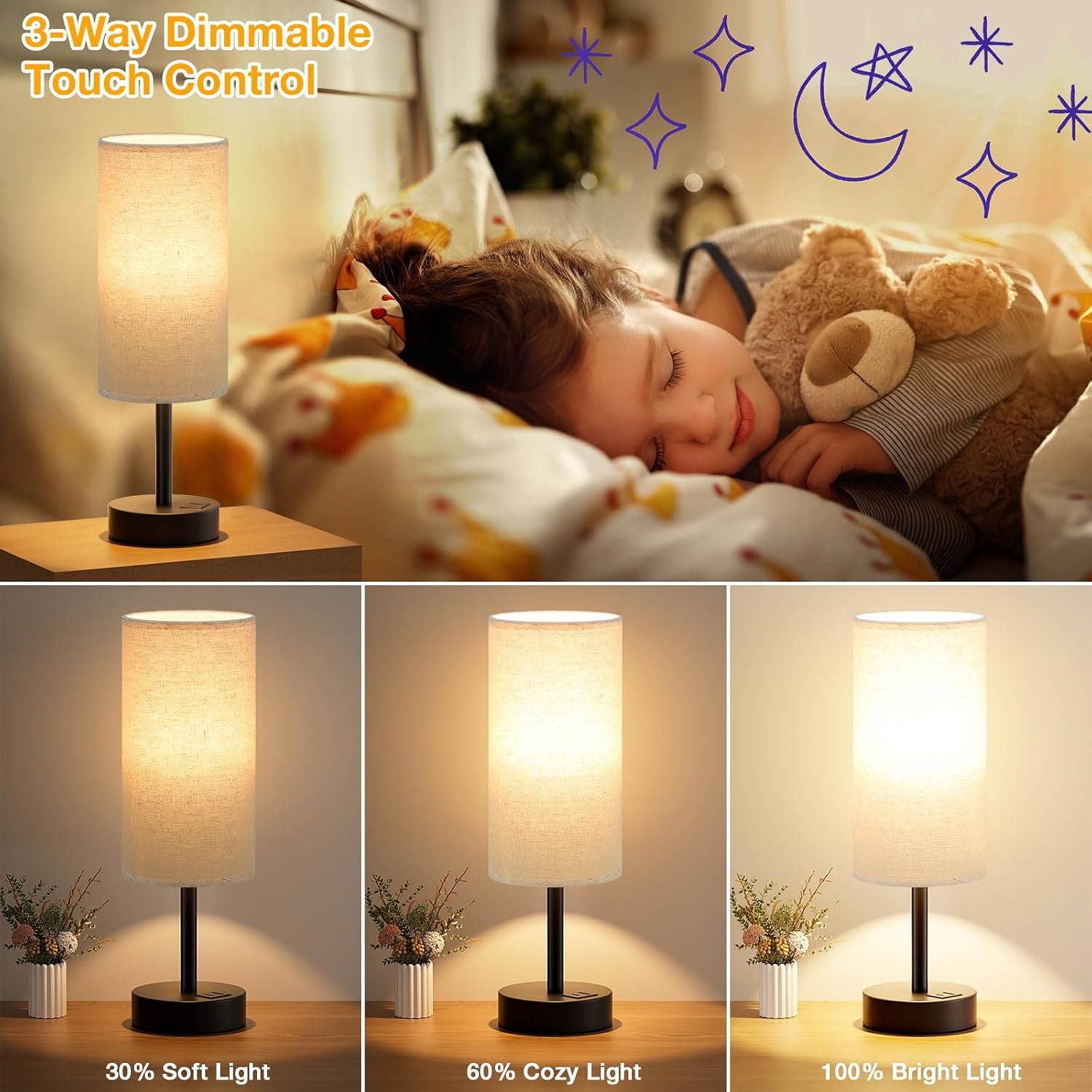 Dicoool Beige Touch Lamp for Bedroom with USB - 3 Way Dimmable Table Lamp for Nightstand, Small Lamp with Black Charging Station for Desk…