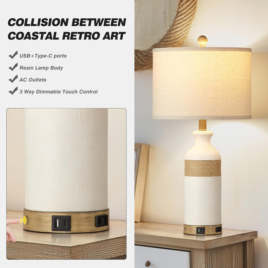 Cinkeda Boho Rattan Table Lamps for Bedroom Nightstand 26" Farmhouse Bedside lamp Set of 2 with USB C+A Ports & AC Outlet,3-Way Dimmable…