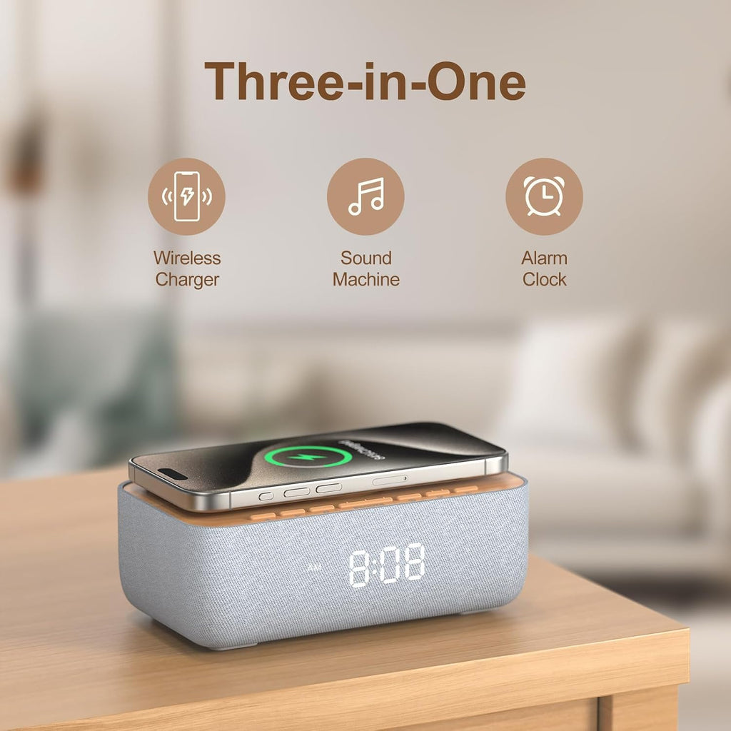 REACHER 15W Fast Magnetic Wireless Charging Alarm Clock with White Noise Machine, Woodgrain Style, 20 High‐Fidelity Sounds, Gradual Wake…