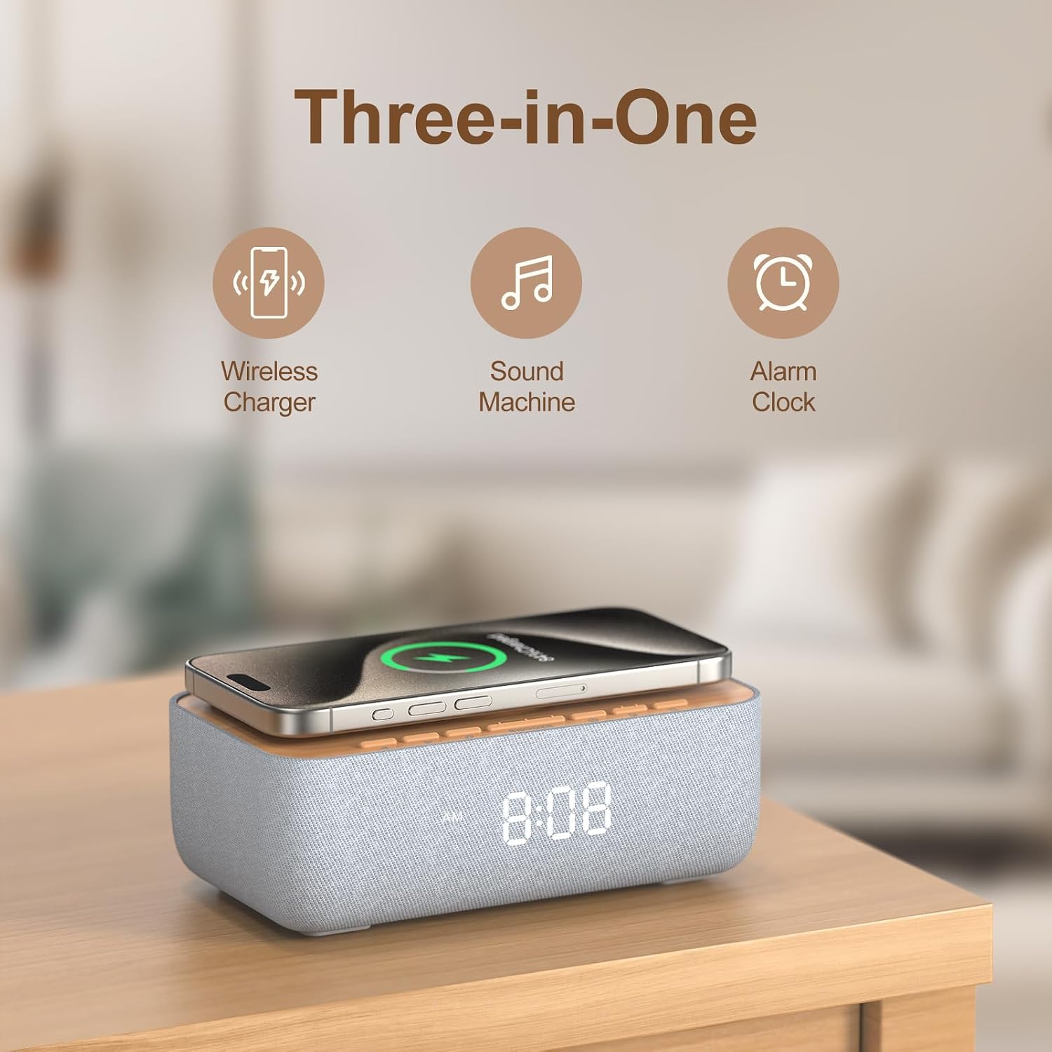 REACHER 15W Fast Magnetic Wireless Charging Alarm Clock with White Noise Machine, Woodgrain Style, 20 High‐Fidelity Sounds, Gradual Wake…
