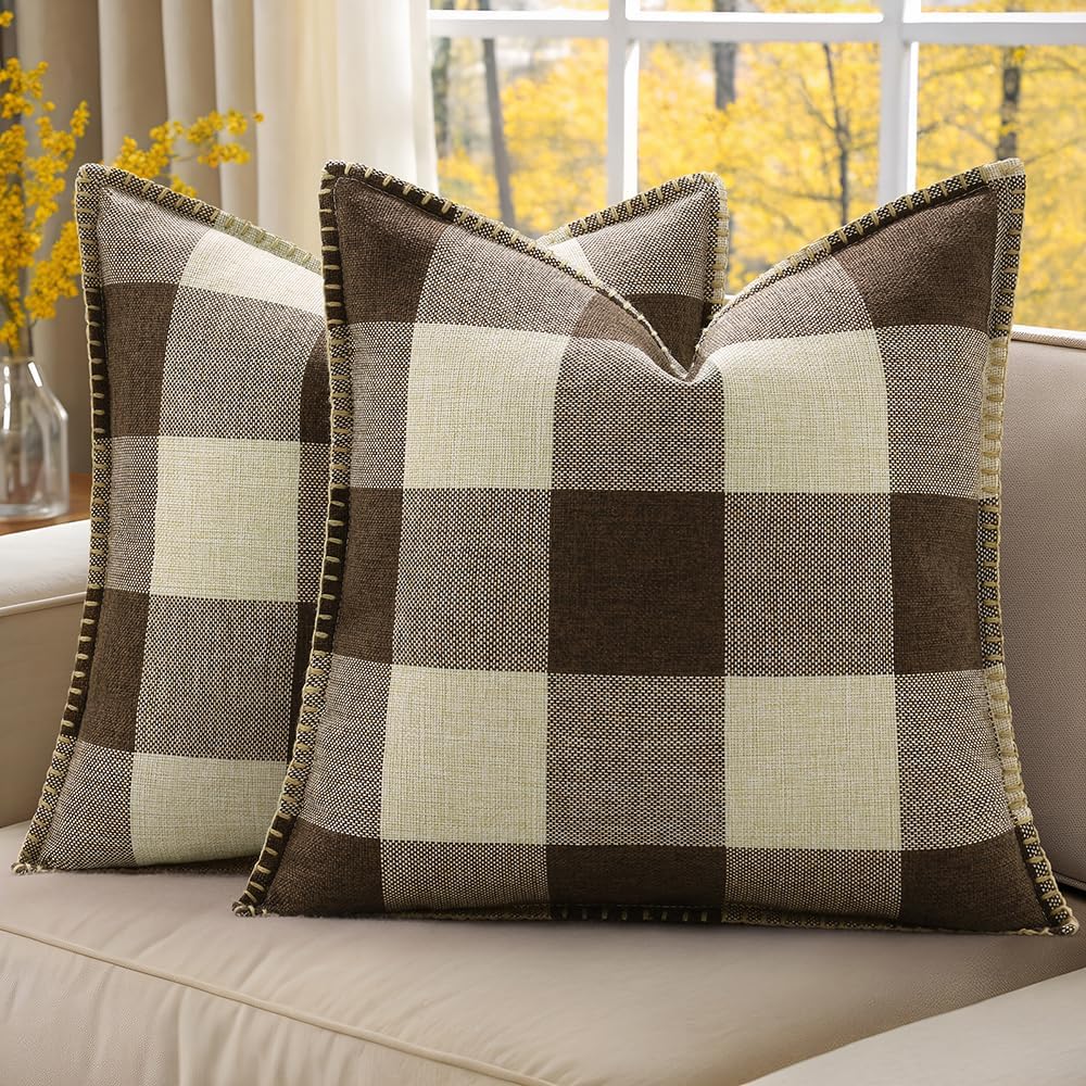 decorUhome Summer Buffalo Plaid Check Throw Pillow Covers 22x22 Set of 2 Outdoor Linen Decorative Farmhouse Gingham Euro Sham Pillow Covers…