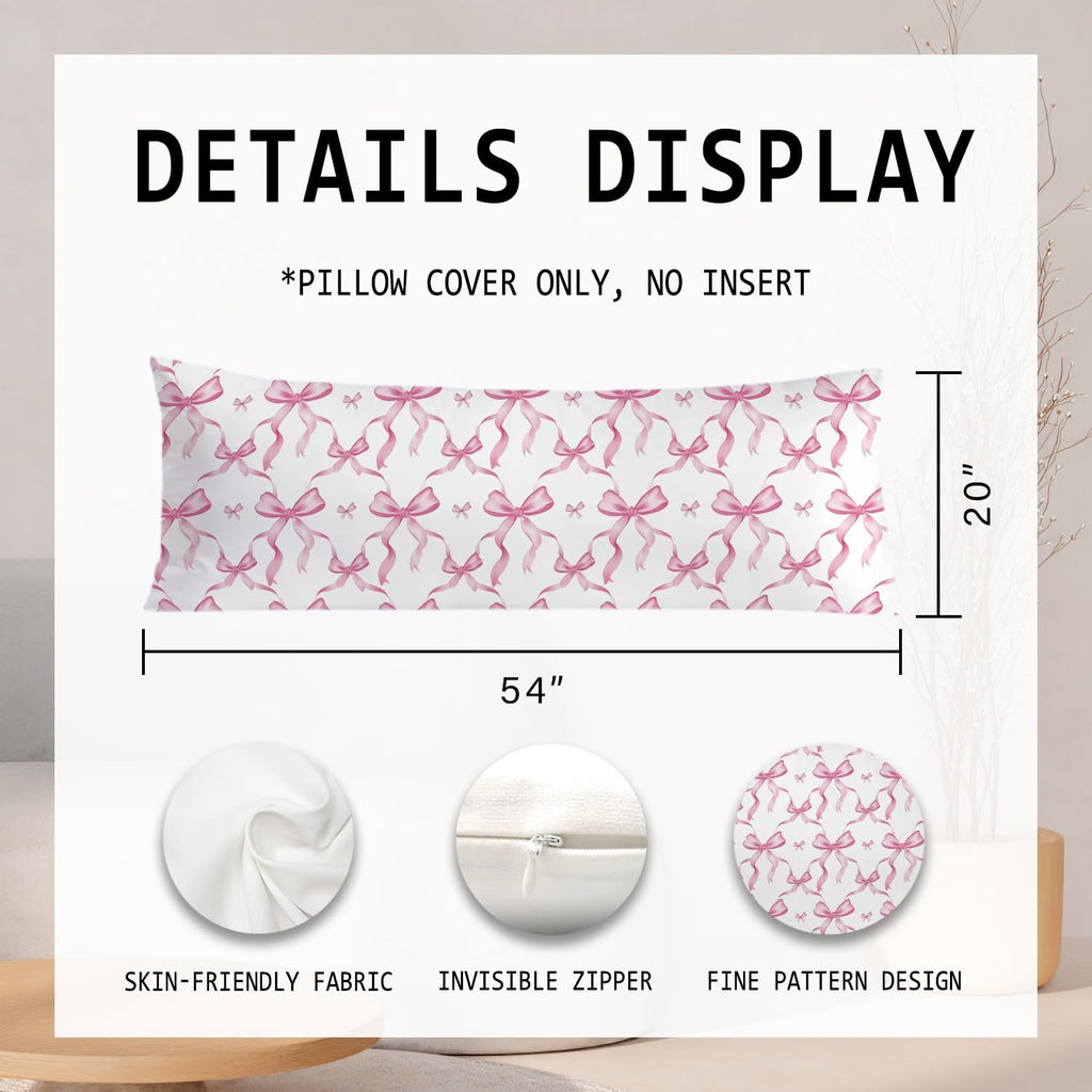 Coquette Pink Bow 20x54 Body Pillow Cover, Coquette Preppy Room Dorm Decor, Girly Room Decor Aesthetic, Pink Ribbon Decorative Long Body…