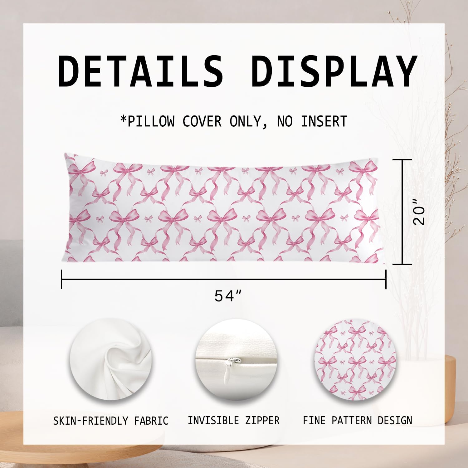 Coquette Pink Bow 20x54 Body Pillow Cover, Coquette Preppy Room Dorm Decor, Girly Room Decor Aesthetic, Pink Ribbon Decorative Long Body…