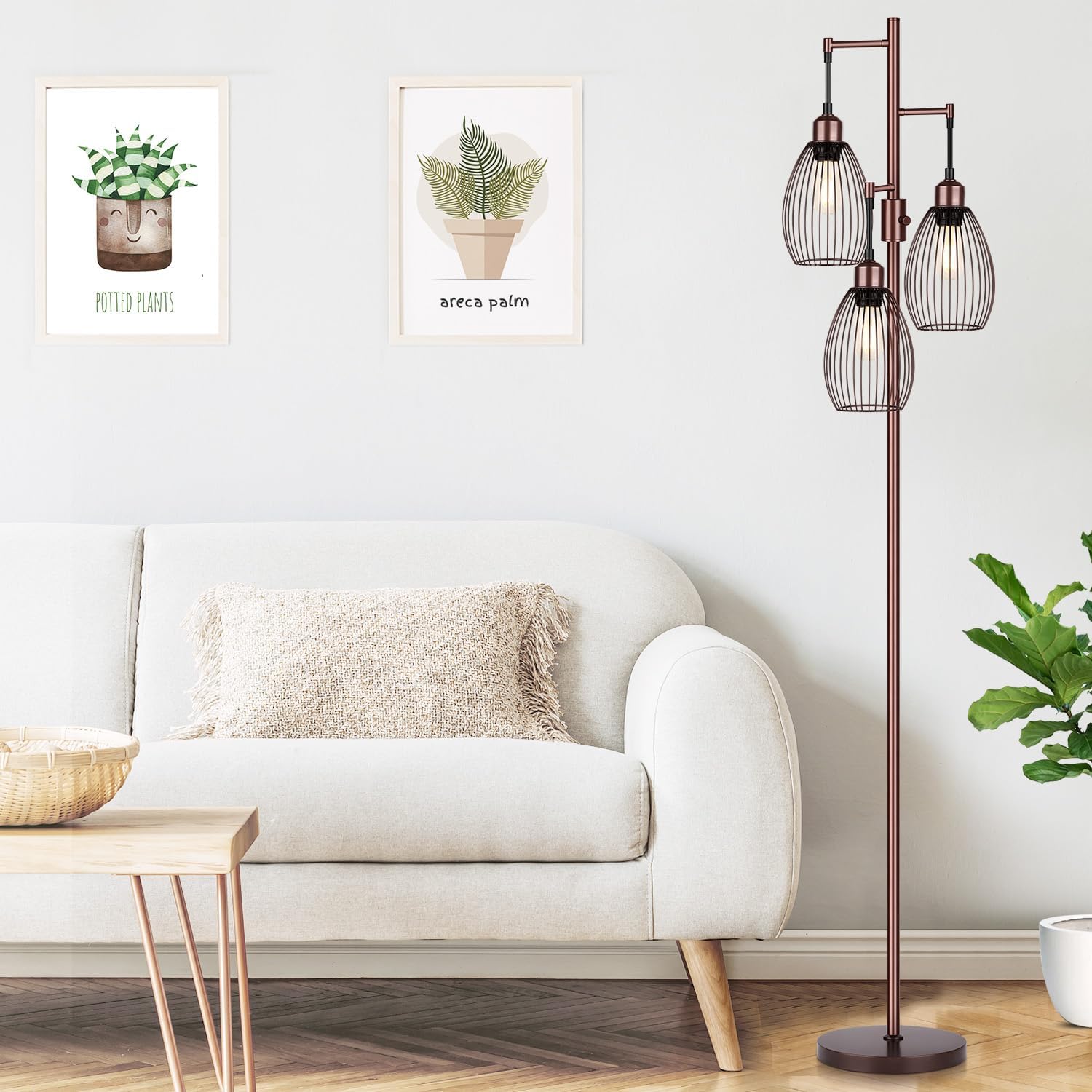 Dimmable Floor Lamp, 3 x 800LM LED Edison Bulbs Included, Farmhouse Industrial Floor Lamp Standing Lamp with Elegant Teardrop Cage Head…