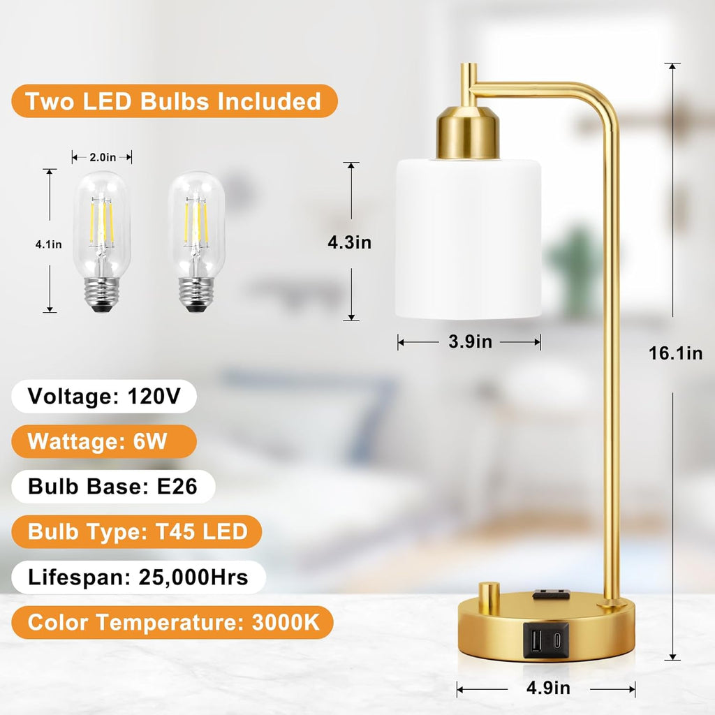 Innqoo Industrial Table Lamps for Bedroom Set of 2 - Fully Dimmable Bedside Lamps with USB Ports and Outlet, Gold Nightstand Lamps with…