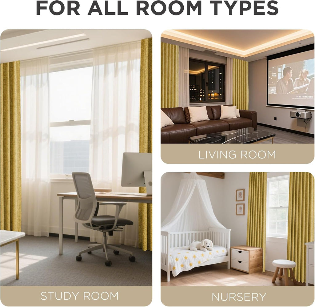 Joydeco Linen Blackout Curtains for Bedroom - 100% Light Blocking 1 Panels, Yellow Drapes 70" W x 108" L, Thermal Insulated Room Darkening…