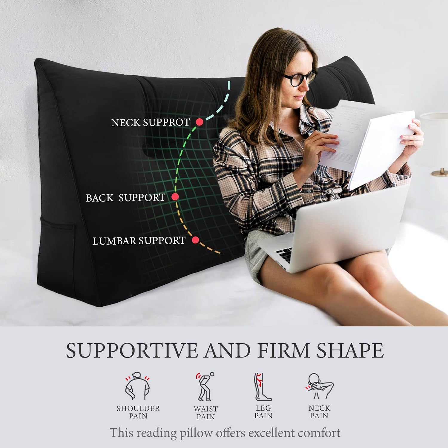 Headboard Pillow Full for Dorm - Velvet Bed Wedge Headboard Reading Pillow for Sitting in Bed, Positioning Support Backrest Pillow with…