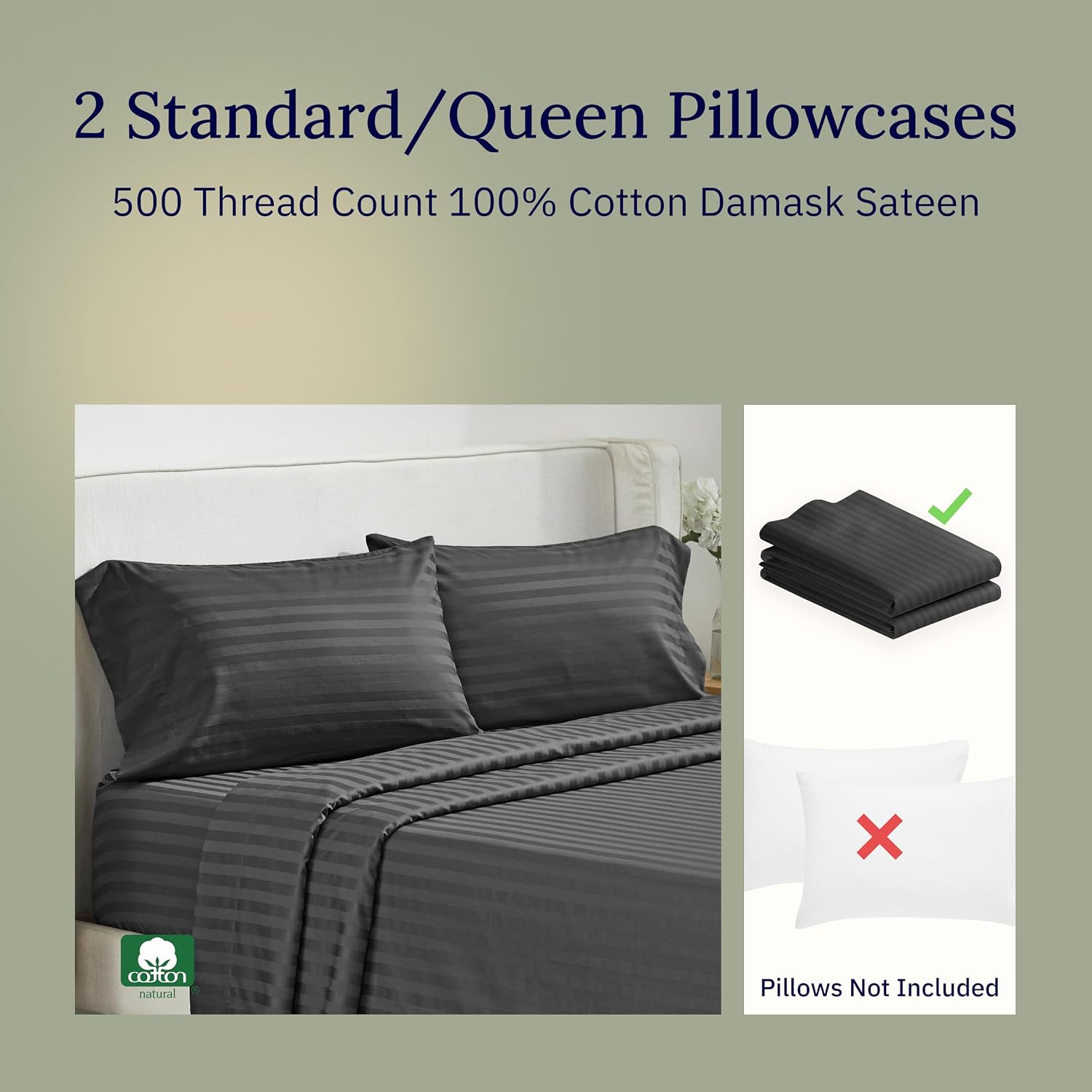 CALIFORNIA DESIGN DEN Soft & Silky 500 Thread Count 100% Cotton is Cool & Smooth, Standard Pillow Cases Set of 2 Fits Standard & Queen…