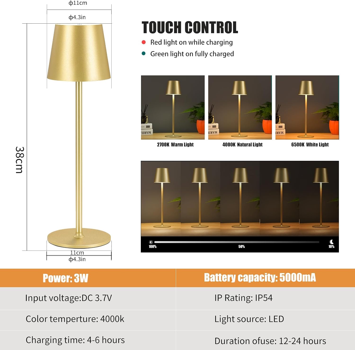 BGFHome 2 Pack Cordless Table Lamp LED Desk Lamps, 5000mAh Battery Operated, Rechargeable Touch Night Light, 3 Color Stepless Dimming Up…