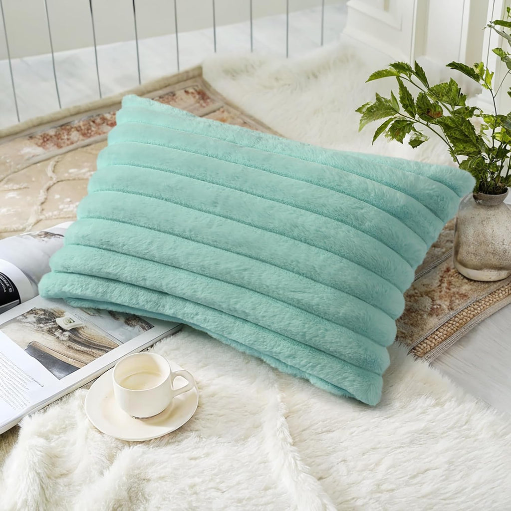decorUhome Summer Cozy Faux Fur Throw Pillow Covers 12x20 Set of 2 Decorative Soft Plush Striped Lumbar Modern Farmhouse Boho Couch Pillow…
