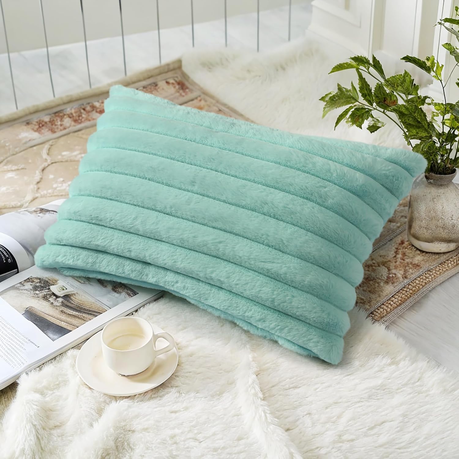 decorUhome Summer Cozy Faux Fur Throw Pillow Covers 12x20 Set of 2 Decorative Soft Plush Striped Lumbar Modern Farmhouse Boho Couch Pillow…