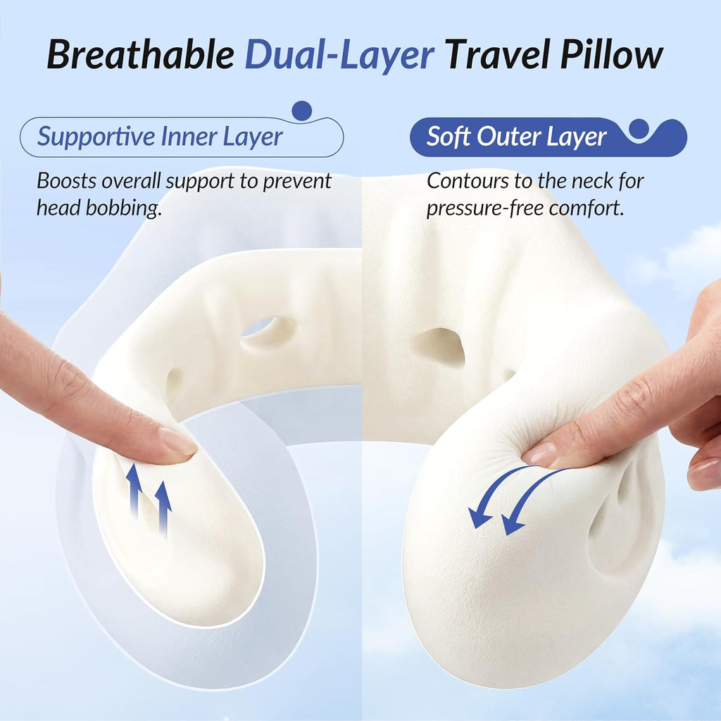 ZIKEE Dual-Layer Memory Foam Neck Pillow for Airplane, Travel Pillow with Seat Straps to Secure Head & Neck, Ergonomic Ear-Friendly Neck…