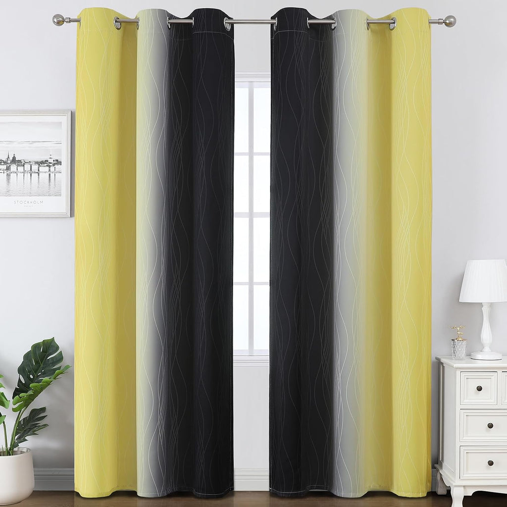 Estelartextiler Estelar Textiler Black and Yellow Ombre Blackout Curtains for Bedroom, Full Room Darkening Grommet Curtains for Living Room…