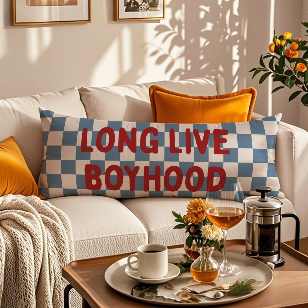 Long Live Boyhood 20x54 Body Pillow Cover for Boys Room Nursery, Boy Nursery Decor, Kids Playroom Decor, Retro Blue and White Checkered…