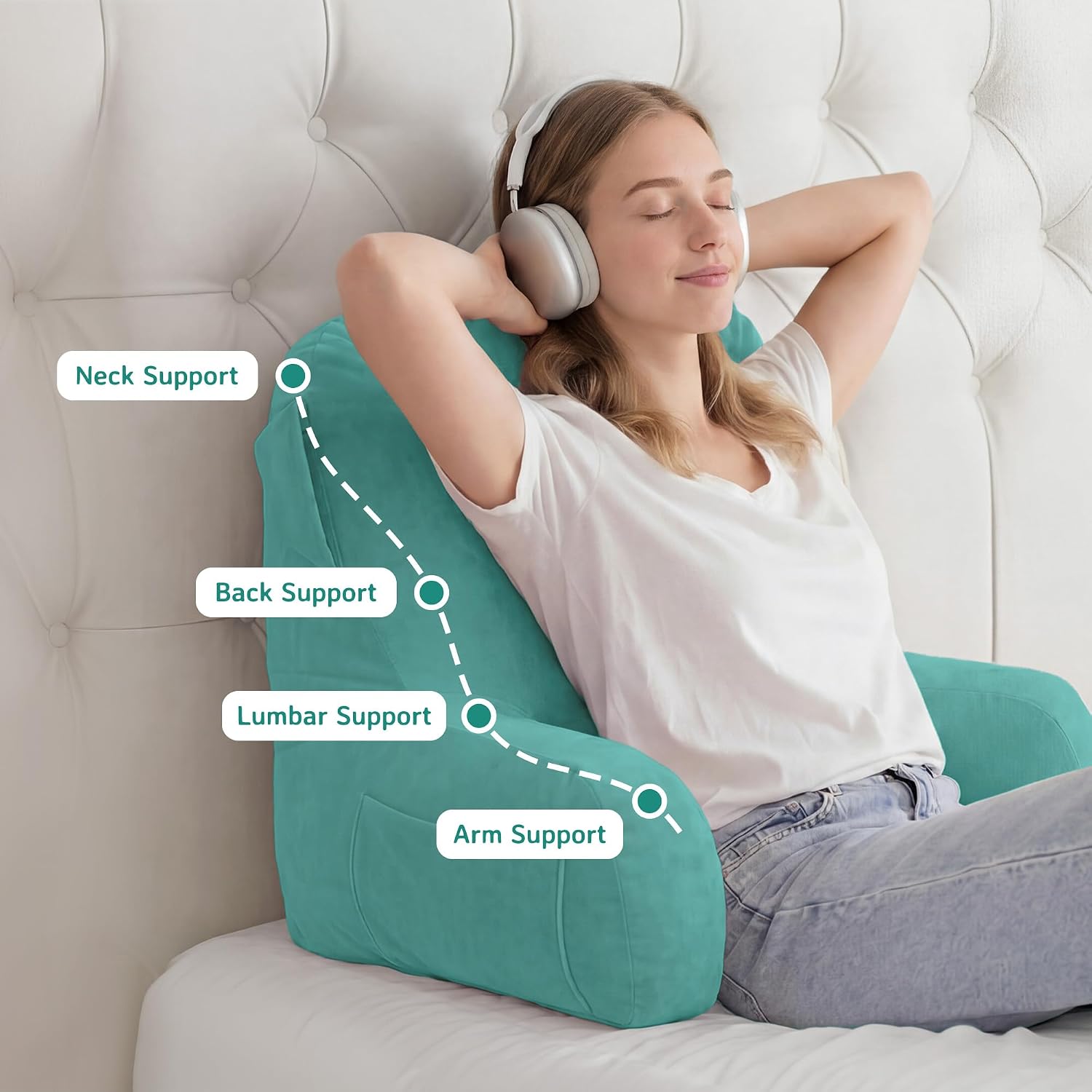 Unisakey Portable Comfy Reading Pillows for Bed Sitting Up(Lake Blue Oeko-Tex), Velvet Back Pillow with Arms & Pockets for Adults…