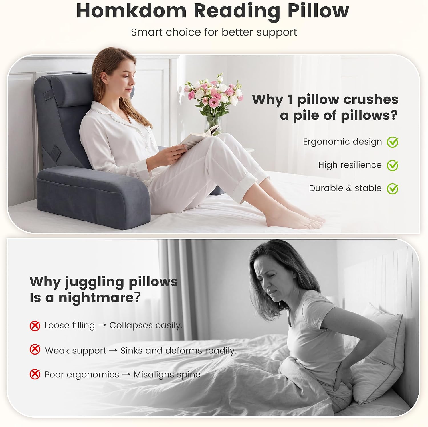 ElevateYourHome, EnhanceEver Homkdom Reading Pillow for Sitting in Bed Adult, 20" Back Pillow for Bed Sitting up with Armrests & Sto…