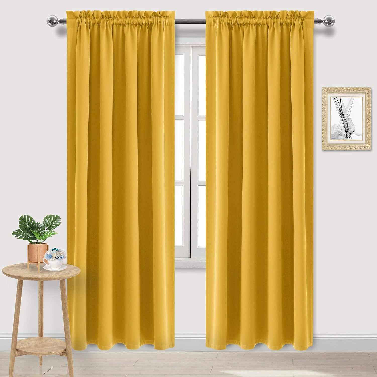 Dwcn Blackout Curtains Room Darkening Thermal Insulated Bedroom Curtains Window Curtain Panels, 52 x 84 inches Long, Set of 2 Yellow Rod Po…