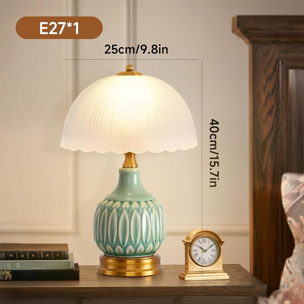 Table Lamps Ceramic Retro Lamp for Living Room,15.7" Modern Bedside Nightstand Traditional Lamps, Classic Chinoiserie Green Glass Lamp…