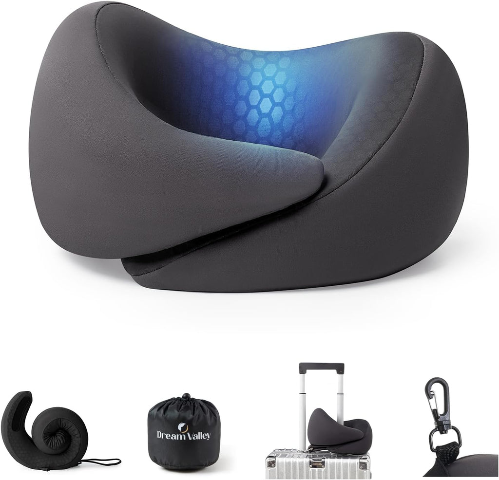 DreamValley Dream Valley® Neck Travel Pillow, Memory Foam Travel Pillow for Airplane, Portable Roll-Up Neck Pillow with Cooling Inner Fabri…