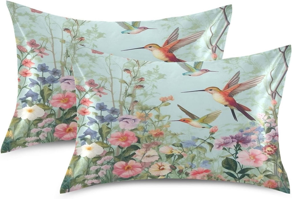 YETTASBIN Hummingbirds Flower Satin Pillowcase, Soft Breathable Silk Pillow Case with Envelope Closure for Hair and Skin, Standard Size…