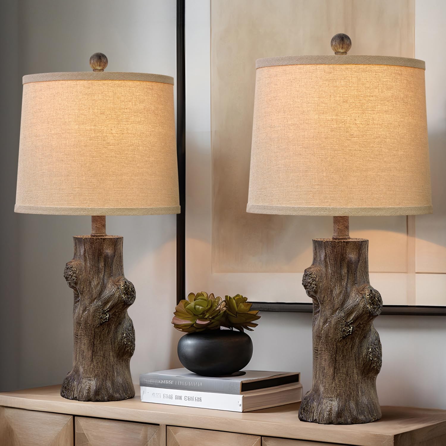 OYEARS 23"Resin Table Lamps for Living Room Set of 2 Country Cottage Farmhouse Lamp for Bedroom Tree Trunk Wood Grain with Oatmeal Fabric…