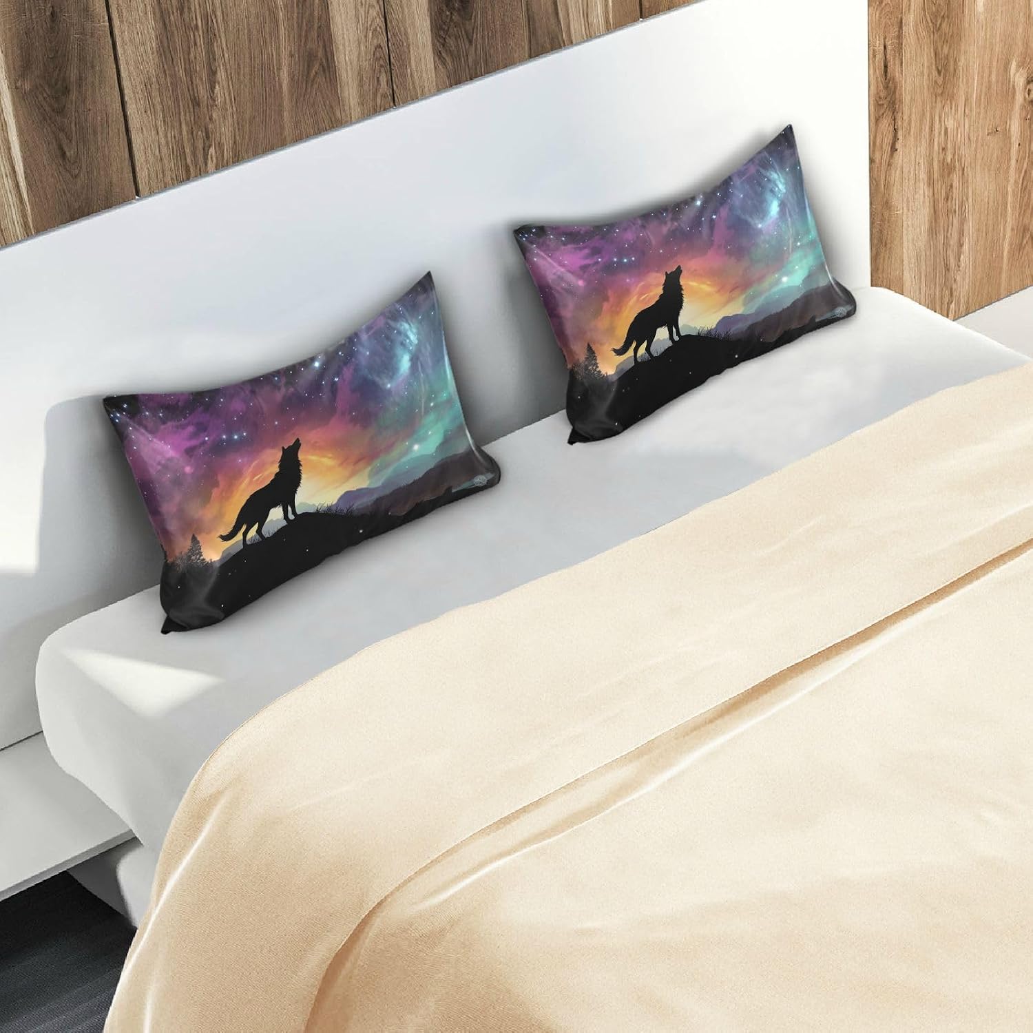 YETTASBIN Galaxy Wolf Satin Pillowcase, Soft Breathable Silk Pillow Case with Envelope Closure for Hair and Skin, Standard Size 26 x 20 Inch