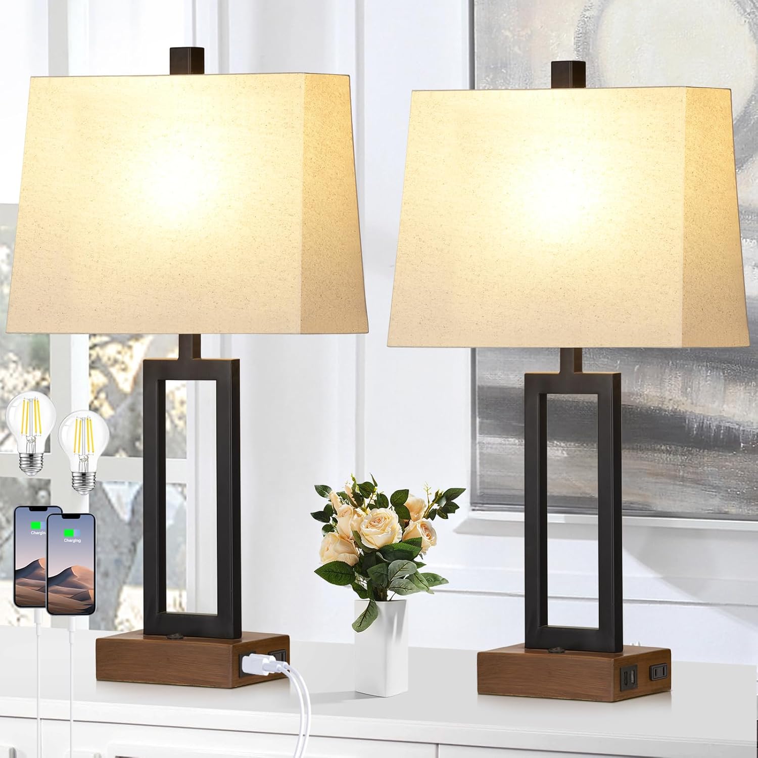 Lolikit Table Lamp for Bedroom Set of 2 with 2 USB Ports and AC Power Outlet, 23.5" Modern Bedside Lamp, Wood Nightstand Lamp with Linen…